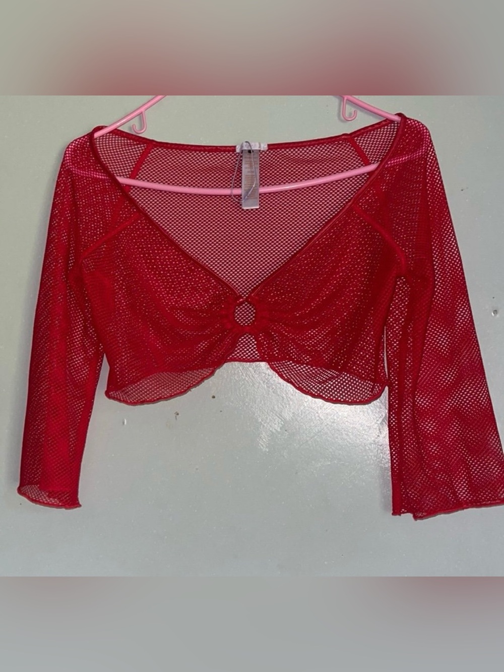 Savage X Fenty Red Mesh Cropped Long-Sleeve Top with Front Ring